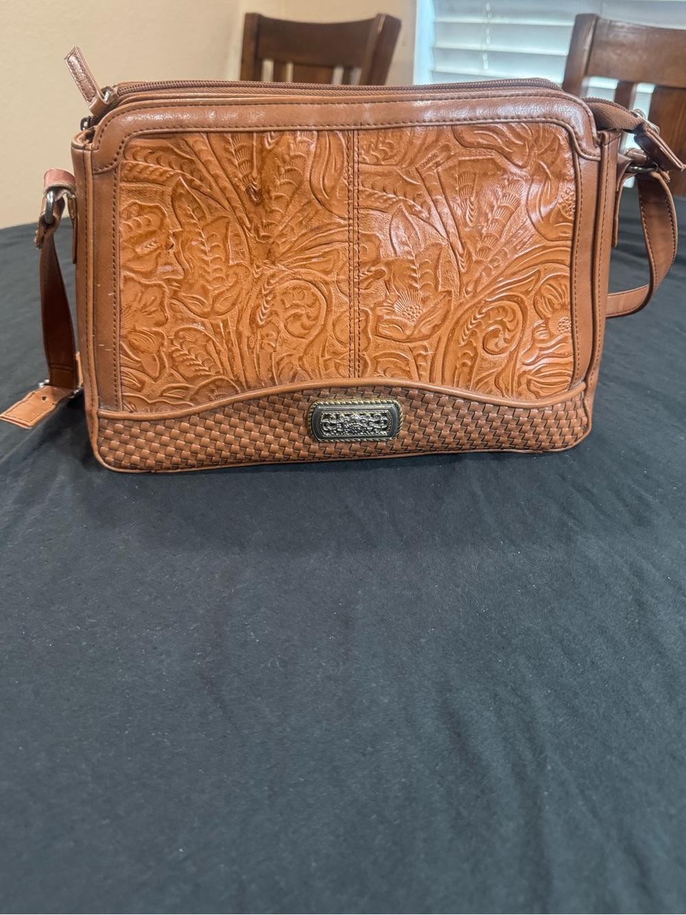 Marlo Genuine Leather Tooled Floral Western Crossbody Bag Brown